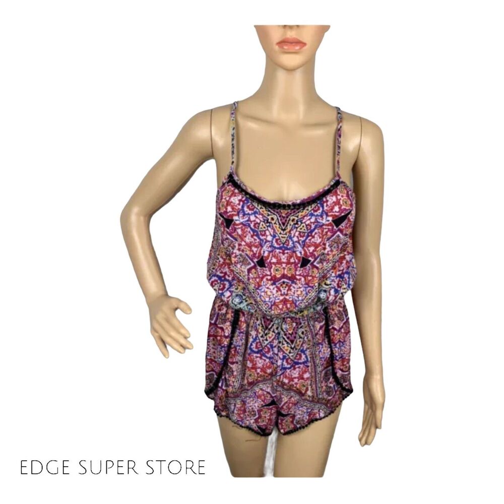 Angie Black Pink White Floral One Piece Romper Jumper Rayon V Neck Set Small